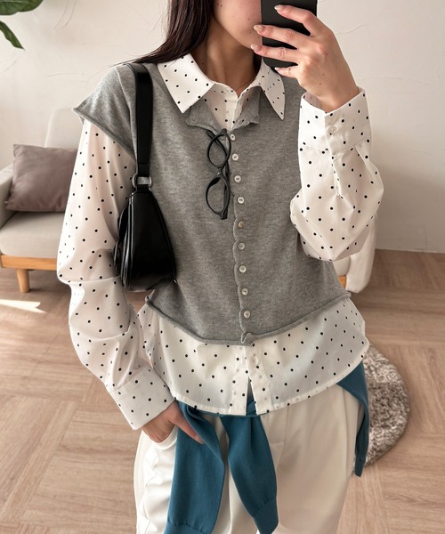 MUHET(ミュエータ)の「layered-look knit shirt top / ドッキングレイヤード風ニットシャツ(シャツ/ブラウス・レディース・グレー/ピンク/ネイビー/ブラウン・FREE)」の22枚目の写真