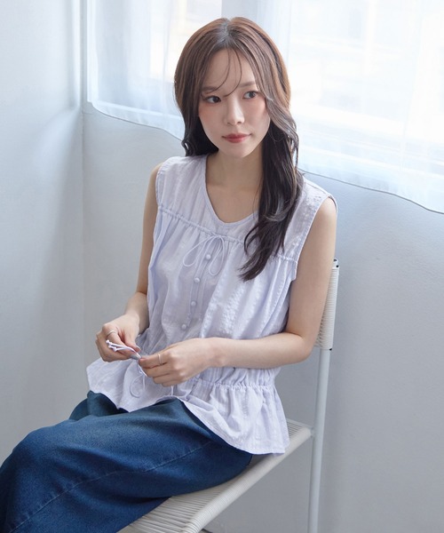 CHAN ME(チャンミ)の「フロントリボンノースリーブブラウス(シャツ/ブラウス・レディース・アイボリー/ブルー/ブラック・LARGE/MEDIUM/X-LARGE)」の15枚目の写真
