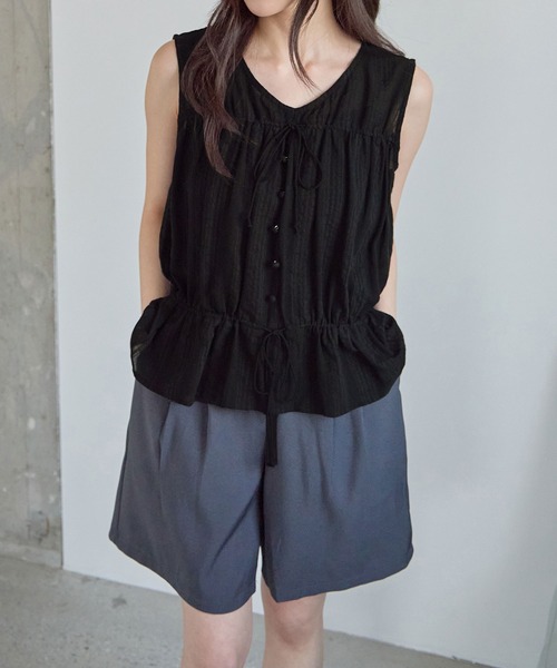 CHAN ME(チャンミ)の「フロントリボンノースリーブブラウス(シャツ/ブラウス・レディース・アイボリー/ブルー/ブラック・LARGE/MEDIUM/X-LARGE)」の17枚目の写真