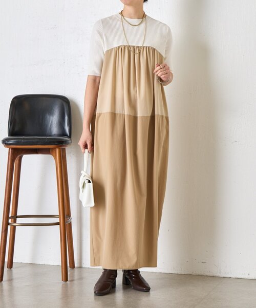 Jena espace merveilleux(ジェナ エスパスメルヴェイユ)の「【体型カバー◎】バイカラー切替ワンピース(ワンピース・レディース・ベージュ/ネイビー・FREE)」の3枚目の写真