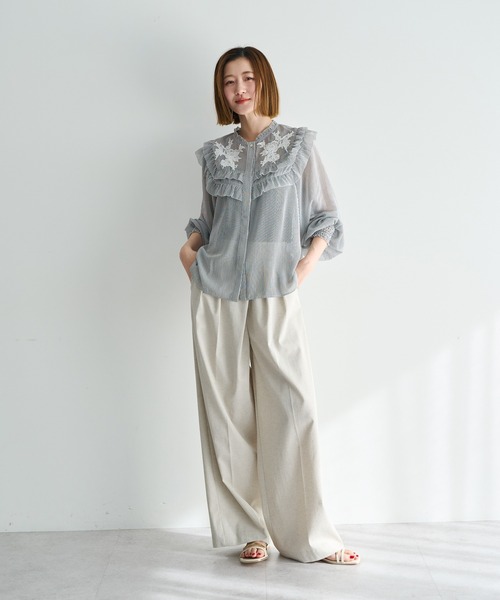 YECCA VECCA（イェッカヴェッカ）の「ラッフルレースブラウス（シャツ/ブラウス・レディース・ミント/ストライプ/ブラック・FREE）」の7枚目の写真