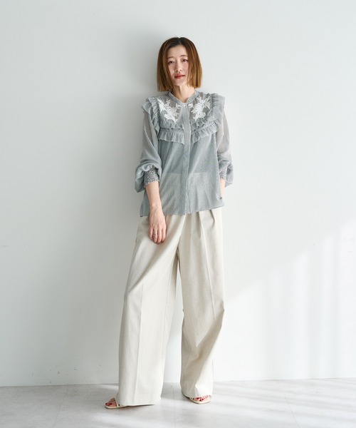 YECCA VECCA（イェッカヴェッカ）の「ラッフルレースブラウス（シャツ/ブラウス・レディース・ミント/ストライプ/ブラック・FREE）」の8枚目の写真