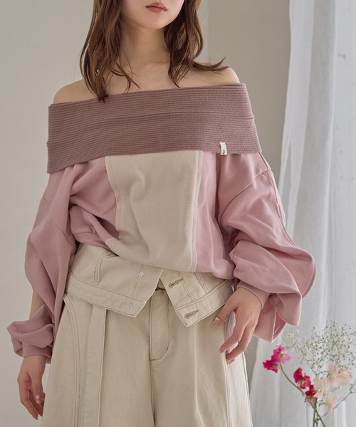 mideal（マイディール）の「rib design sweatshirt off shoulder / リブデザインスウェットオフショルダー（スウェット・レディース・グレー/ピンク・FREE）」の2枚目の写真
