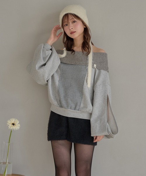 mideal（マイディール）の「rib design sweatshirt off shoulder / リブデザインスウェットオフショルダー（スウェット・レディース・グレー/ピンク・FREE）」の6枚目の写真