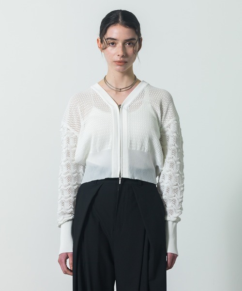 CITY TOKYO（シティトウキョウ）の「【CITY TOKYO/シティートウキョウ】Lace Sleeve Zip Cardigan（カーディガン/ボレロ・レディース・ブラック/ホワイト・FREE）」の7枚目の写真