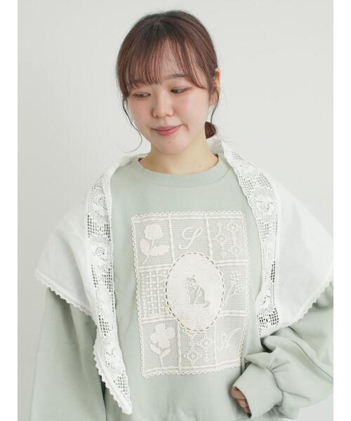 Samansa Mos2（サマンサ モスモス）の「裏毛CAT柄パーツレース付スウェット（Tシャツ/カットソー・レディース・ミント/グレー/オフホワイト・F）」の4枚目の写真