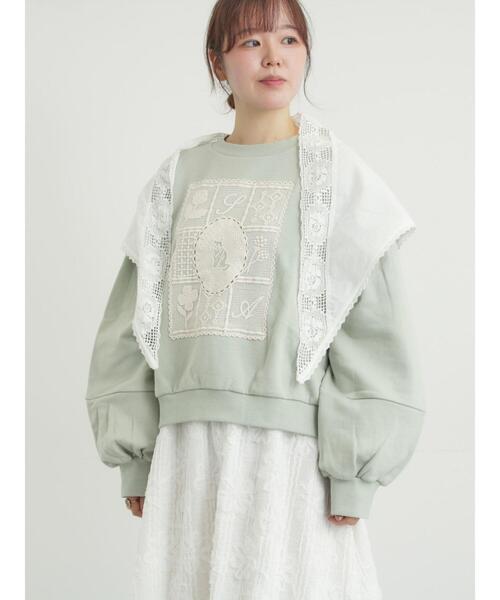 Samansa Mos2（サマンサ モスモス）の「裏毛CAT柄パーツレース付スウェット（Tシャツ/カットソー・レディース・ミント/グレー/オフホワイト・F）」の5枚目の写真