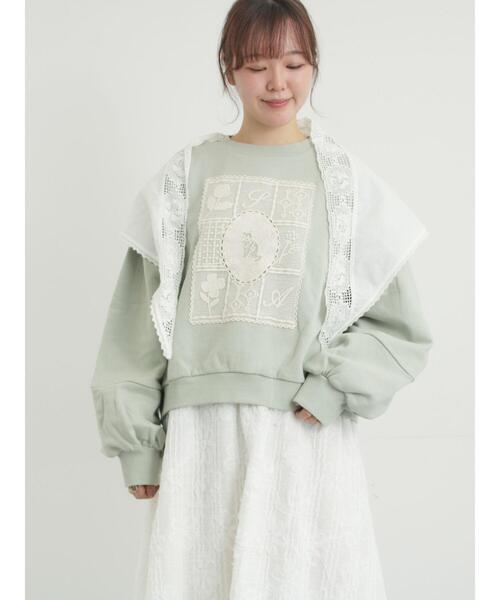 Samansa Mos2（サマンサ モスモス）の「裏毛CAT柄パーツレース付スウェット（Tシャツ/カットソー・レディース・ミント/グレー/オフホワイト・F）」の6枚目の写真