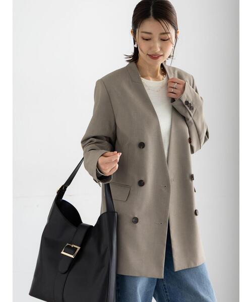 Te chichi（テチチ）の「ノーカラーダブルブレストジャケット（ノーカラージャケット・レディース・ベージュ/ネイビー・F）」の2枚目の写真