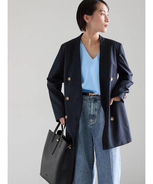 Te chichi（テチチ）の「ノーカラーダブルブレストジャケット（ノーカラージャケット・レディース・ベージュ/ネイビー・F）」の8枚目の写真