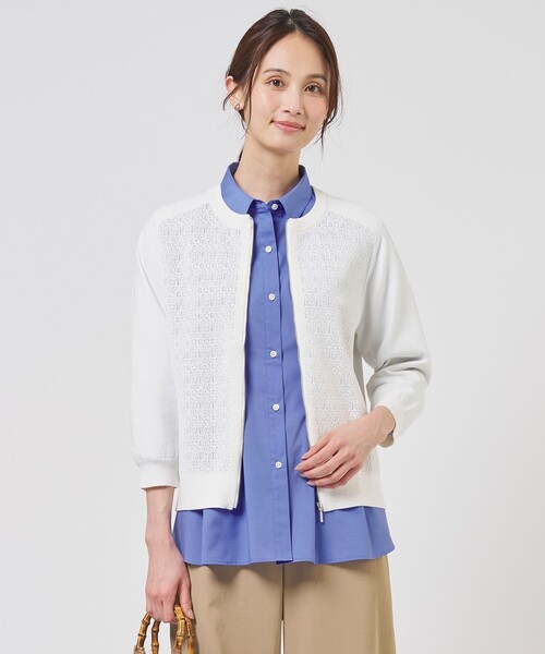 J.PRESS(ジェイプレス)の「【季節の変わり目に】Lace Jacquard ニット ブルゾン(ブルゾン・レディース・ネイビー系/ホワイト系/ブラウン系・T15/T13)」の1枚目の写真