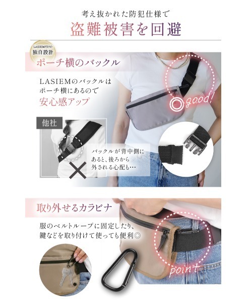 LASIEM(ラシエム)の「セキュリティポーチ パスポートケース レディース セキュリティバッグ スキミング防止 盗難防止 薄い 軽量(ボディバッグ/ウエストポーチ・レディース・ライトグレー/ピンク/グリーン/ブラック/グレー・FREE)」の11枚目の写真