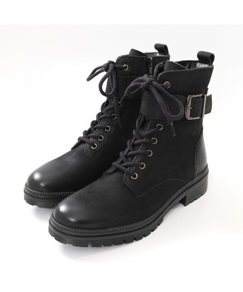 Pointer(shoes)(ポインター)の「【本革】 3.5セcmショートブーツ / ベルト付きレースアップブーツ(ブーツ・レディース・ブラック/ダークブラウン・36/37/38/39/40)」の1枚目の写真