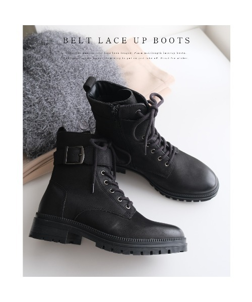 Pointer(shoes)(ポインター)の「【本革】 3.5セcmショートブーツ / ベルト付きレースアップブーツ(ブーツ・レディース・ブラック/ダークブラウン・36/37/38/39/40)」の4枚目の写真
