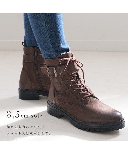 Pointer(shoes)(ポインター)の「【本革】 3.5セcmショートブーツ / ベルト付きレースアップブーツ(ブーツ・レディース・ブラック/ダークブラウン・36/37/38/39/40)」の6枚目の写真