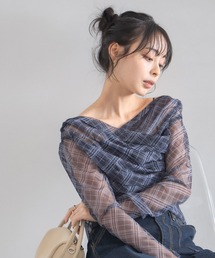 ドレープネックチェックシアートップス