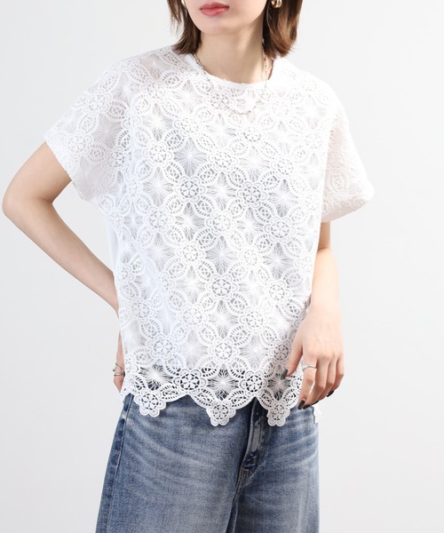 BRODIAEA(ブローディア)の「BRODIAEA 花柄レースカットソープルオーバー プレミアムコットン 半袖(Tシャツ/カットソー・レディース・ブラック/オフホワイト/ベージュ・40)」の4枚目の写真