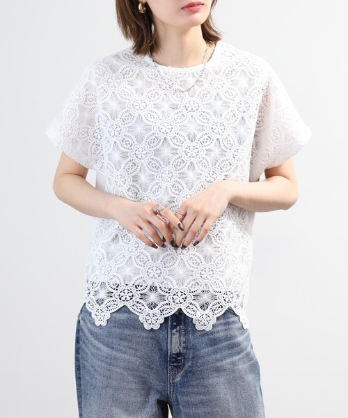 BRODIAEA(ブローディア)の「BRODIAEA 花柄レースカットソープルオーバー プレミアムコットン 半袖(Tシャツ/カットソー・レディース・ブラック/オフホワイト/ベージュ・40)」の5枚目の写真