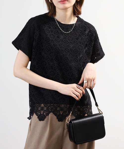 BRODIAEA(ブローディア)の「BRODIAEA 花柄レースカットソープルオーバー プレミアムコットン 半袖(Tシャツ/カットソー・レディース・ブラック/オフホワイト/ベージュ・40)」の12枚目の写真