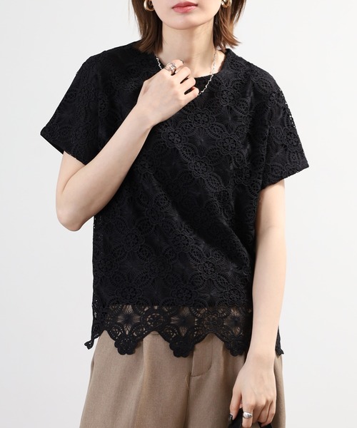 BRODIAEA(ブローディア)の「BRODIAEA 花柄レースカットソープルオーバー プレミアムコットン 半袖(Tシャツ/カットソー・レディース・ブラック/オフホワイト/ベージュ・40)」の14枚目の写真