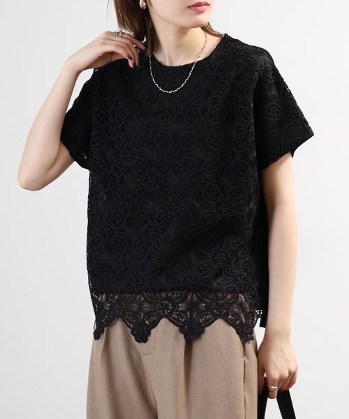 BRODIAEA(ブローディア)の「BRODIAEA 花柄レースカットソープルオーバー プレミアムコットン 半袖(Tシャツ/カットソー・レディース・ブラック/オフホワイト/ベージュ・40)」の15枚目の写真