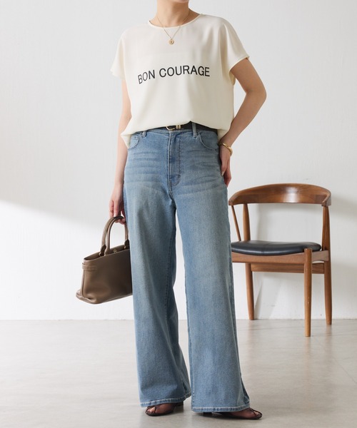 COLLAGE GALLARDAGALANTE（コラージュガリャルダガランテ）の「大人キレイ目フレンチロゴスリーブTシャツ/WEB限定（Tシャツ/カットソー・レディース・チャコールグレー/オフホワイト・FREE）」の3枚目の写真