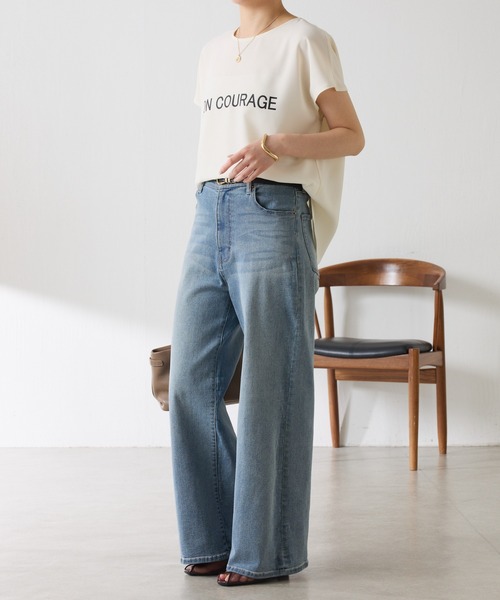 COLLAGE GALLARDAGALANTE（コラージュガリャルダガランテ）の「大人キレイ目フレンチロゴスリーブTシャツ/WEB限定（Tシャツ/カットソー・レディース・チャコールグレー/オフホワイト・FREE）」の14枚目の写真