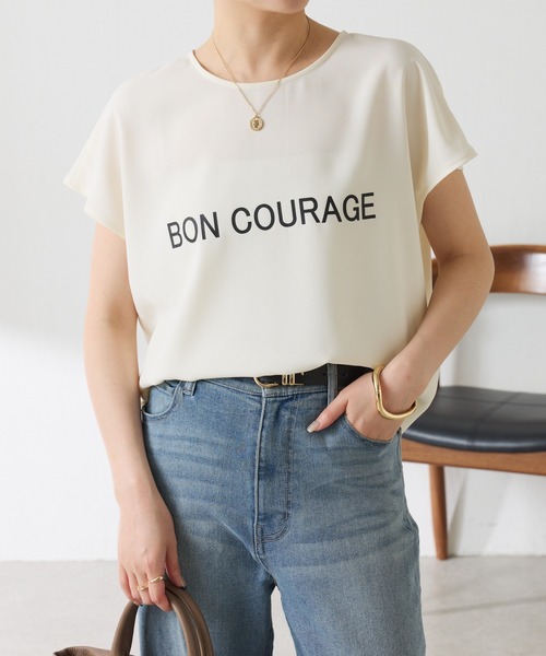 COLLAGE GALLARDAGALANTE（コラージュガリャルダガランテ）の「大人キレイ目フレンチロゴスリーブTシャツ/WEB限定（Tシャツ/カットソー・レディース・チャコールグレー/オフホワイト・FREE）」の4枚目の写真