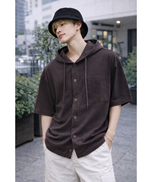 Bling Leads(ブリングリーズ)の「【Bls】 【ZM】【Bling Leads】梨地フーディボタンシャツ(シャツ/ブラウス・メンズ・ブラック/グレー系その他/オフホワイト/チャコール・FREE)」の4枚目の写真
