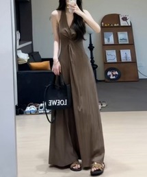 Vネック ウエストタック ロングワンピース