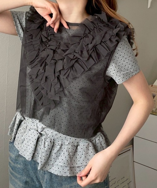 merrylatte(メリーラテ)の「ドット 裾フリル Tシャツ カットソー【NOUA】(Tシャツ/カットソー・レディース・グレー/ホワイト・FREE)」の5枚目の写真