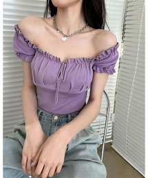 【デコルテ綺麗見え】フロントシャーリング・フリルスリーブサマーニット