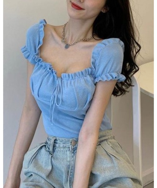 CHEER(チアー)の「【デコルテ綺麗見え】フロントシャーリング・フリルスリーブサマーニット(Tシャツ/カットソー・レディース・ブラック/パープル/ライトブルー/ホワイト/イエロー/ピンク/グリーン・FREE)」の9枚目の写真