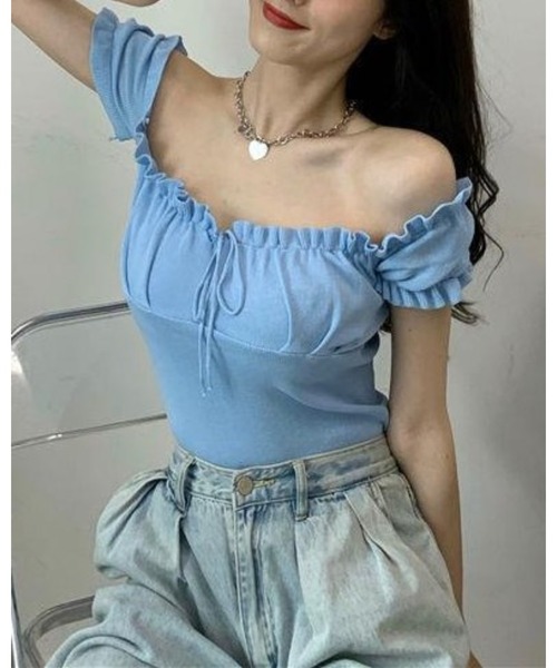CHEER(チアー)の「【デコルテ綺麗見え】フロントシャーリング・フリルスリーブサマーニット(Tシャツ/カットソー・レディース・ブラック/パープル/ライトブルー/ホワイト/イエロー/ピンク/グリーン・FREE)」の11枚目の写真