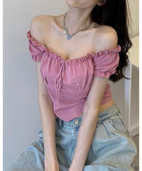 CHEER(チアー)の「【デコルテ綺麗見え】フロントシャーリング・フリルスリーブサマーニット(Tシャツ/カットソー・レディース・ブラック/パープル/ライトブルー/ホワイト/イエロー/ピンク/グリーン・FREE)」の20枚目の写真