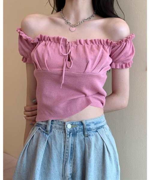 CHEER(チアー)の「【デコルテ綺麗見え】フロントシャーリング・フリルスリーブサマーニット(Tシャツ/カットソー・レディース・ブラック/パープル/ライトブルー/ホワイト/イエロー/ピンク/グリーン・FREE)」の21枚目の写真