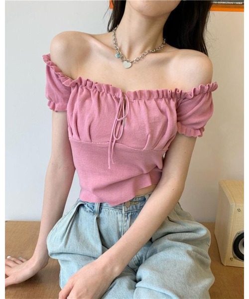 CHEER(チアー)の「【デコルテ綺麗見え】フロントシャーリング・フリルスリーブサマーニット(Tシャツ/カットソー・レディース・ブラック/パープル/ライトブルー/ホワイト/イエロー/ピンク/グリーン・FREE)」の22枚目の写真