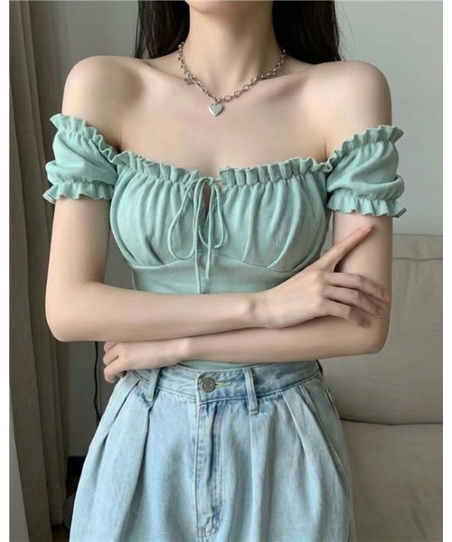 CHEER(チアー)の「【デコルテ綺麗見え】フロントシャーリング・フリルスリーブサマーニット(Tシャツ/カットソー・レディース・ブラック/パープル/ライトブルー/ホワイト/イエロー/ピンク/グリーン・FREE)」の8枚目の写真