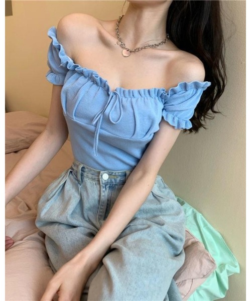 CHEER(チアー)の「【デコルテ綺麗見え】フロントシャーリング・フリルスリーブサマーニット(Tシャツ/カットソー・レディース・ブラック/パープル/ライトブルー/ホワイト/イエロー/ピンク/グリーン・FREE)」の10枚目の写真