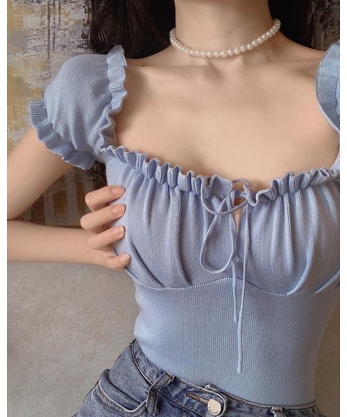 CHEER(チアー)の「【デコルテ綺麗見え】フロントシャーリング・フリルスリーブサマーニット(Tシャツ/カットソー・レディース・ブラック/パープル/ライトブルー/ホワイト/イエロー/ピンク/グリーン・FREE)」の14枚目の写真