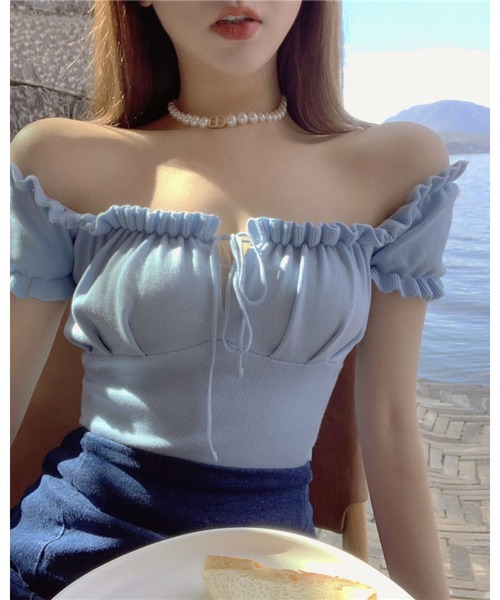 CHEER(チアー)の「【デコルテ綺麗見え】フロントシャーリング・フリルスリーブサマーニット(Tシャツ/カットソー・レディース・ブラック/パープル/ライトブルー/ホワイト/イエロー/ピンク/グリーン・FREE)」の13枚目の写真