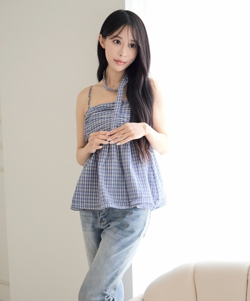 ALLuRing ChaRm(アリュリングチャーム)の「【首紐付き】Checkered Shirred Peplum / チェックシャーリングペプラム(チューブトップ・レディース・ネイビー/ブラック/ライトブルー・FREE)」の12枚目の写真