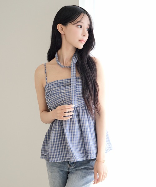 ALLuRing ChaRm(アリュリングチャーム)の「【首紐付き】Checkered Shirred Peplum / チェックシャーリングペプラム(チューブトップ・レディース・ネイビー/ブラック/ライトブルー・FREE)」の13枚目の写真