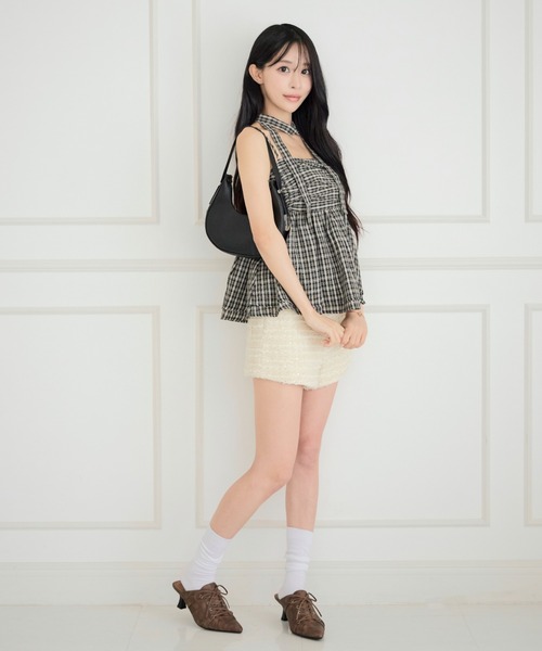 ALLuRing ChaRm(アリュリングチャーム)の「【首紐付き】Checkered Shirred Peplum / チェックシャーリングペプラム(チューブトップ・レディース・ネイビー/ブラック/ライトブルー・FREE)」の15枚目の写真