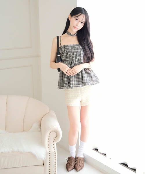 ALLuRing ChaRm(アリュリングチャーム)の「【首紐付き】Checkered Shirred Peplum / チェックシャーリングペプラム(チューブトップ・レディース・ネイビー/ブラック/ライトブルー・FREE)」の18枚目の写真