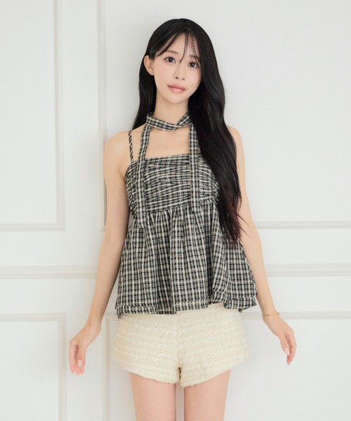 ALLuRing ChaRm(アリュリングチャーム)の「【首紐付き】Checkered Shirred Peplum / チェックシャーリングペプラム(チューブトップ・レディース・ネイビー/ブラック/ライトブルー・FREE)」の20枚目の写真