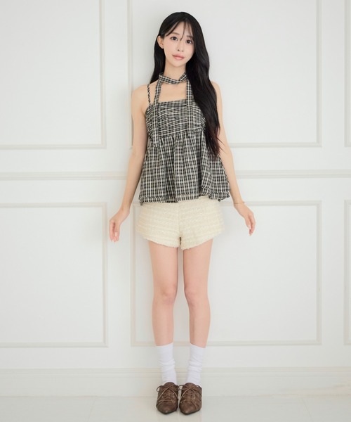 ALLuRing ChaRm(アリュリングチャーム)の「【首紐付き】Checkered Shirred Peplum / チェックシャーリングペプラム(チューブトップ・レディース・ネイビー/ブラック/ライトブルー・FREE)」の14枚目の写真