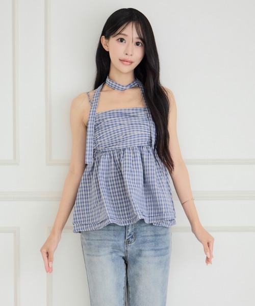 ALLuRing ChaRm(アリュリングチャーム)の「【首紐付き】Checkered Shirred Peplum / チェックシャーリングペプラム(チューブトップ・レディース・ネイビー/ブラック/ライトブルー・FREE)」の8枚目の写真