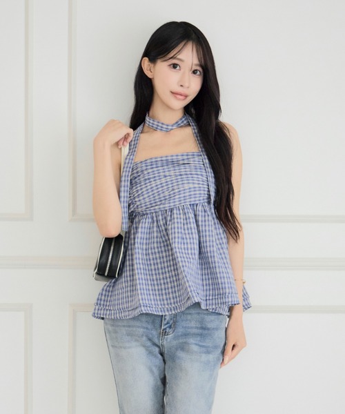 ALLuRing ChaRm(アリュリングチャーム)の「【首紐付き】Checkered Shirred Peplum / チェックシャーリングペプラム(チューブトップ・レディース・ネイビー/ブラック/ライトブルー・FREE)」の9枚目の写真