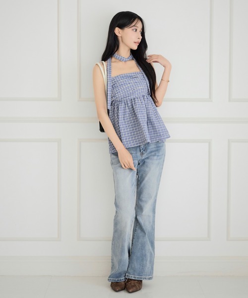 ALLuRing ChaRm(アリュリングチャーム)の「【首紐付き】Checkered Shirred Peplum / チェックシャーリングペプラム(チューブトップ・レディース・ネイビー/ブラック/ライトブルー・FREE)」の5枚目の写真